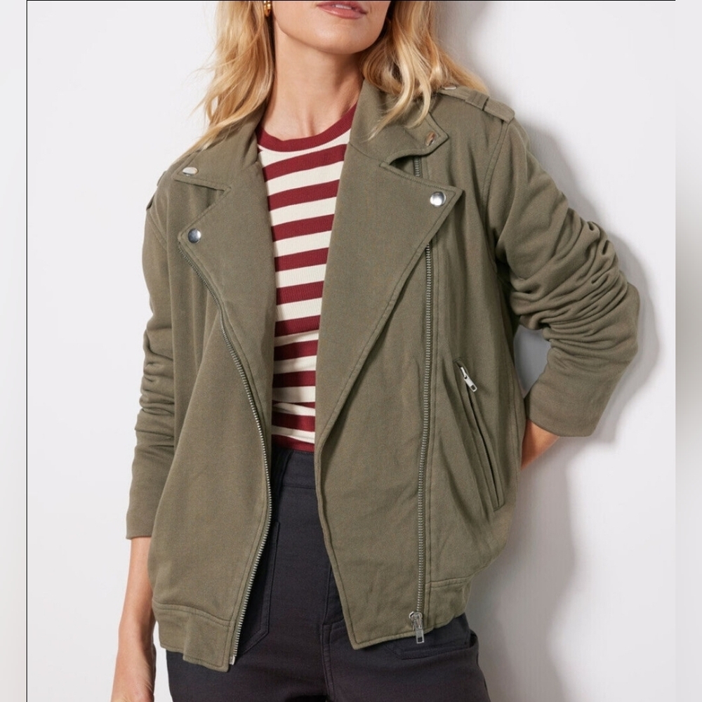 Evereve French Terry Moto Jacket Dusty Olive Asymmetrical Zipper Edgy Boho M
